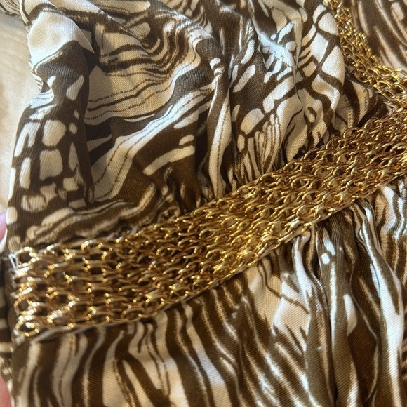 SKY TOP Y2K 100% silk blouse short sleeve feather print cream taupe tan sz S - Picture 5 of 10